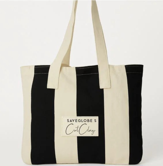 SaveGlobes CotClay Off White and Black Striped Unisex Canvas Tote Bag with zip for Women, Girls, Ladies & Men