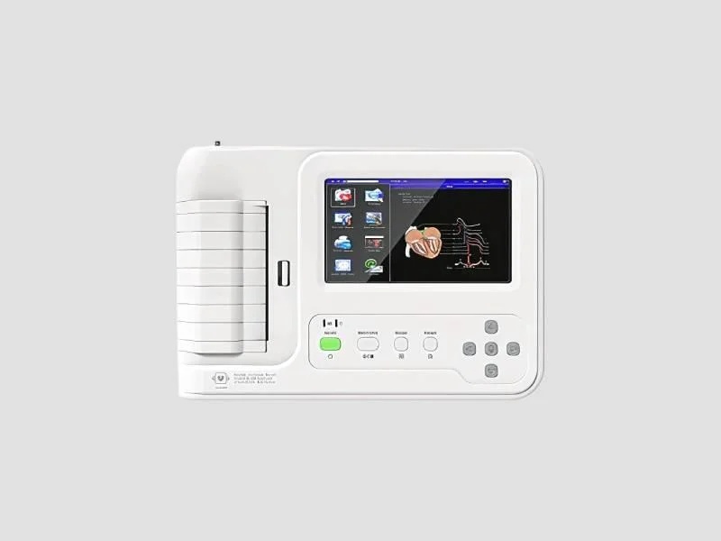 Contec ECG600G is a digital 6-channel, 12-lead ECG machine with LCD display and A4 thermal printing. Auto/manual modes, digital 