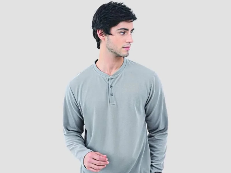 Men Casual Henley Neck Full Sleeve T Shirt Solid Grey