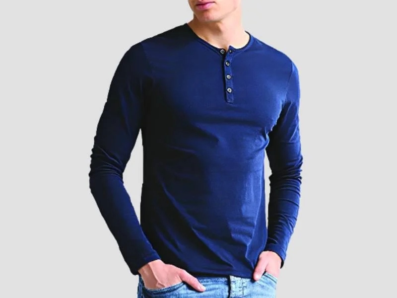Men’s Henley Neck Core T-Shirt Cotton Full Sleeve Casual Wear Blue