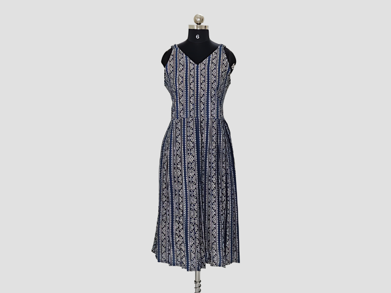Indigo Cotton Strap Frock With Maroon Floral Motifs And Off-White Floral Motifs In Vertical Pattern - MuRa@23