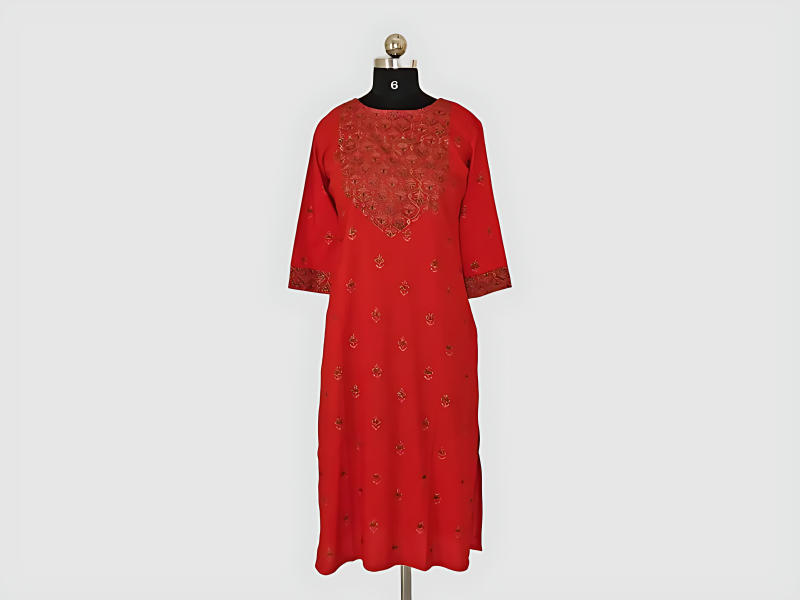 Red Cotton Kurta With Golden Floral Prints