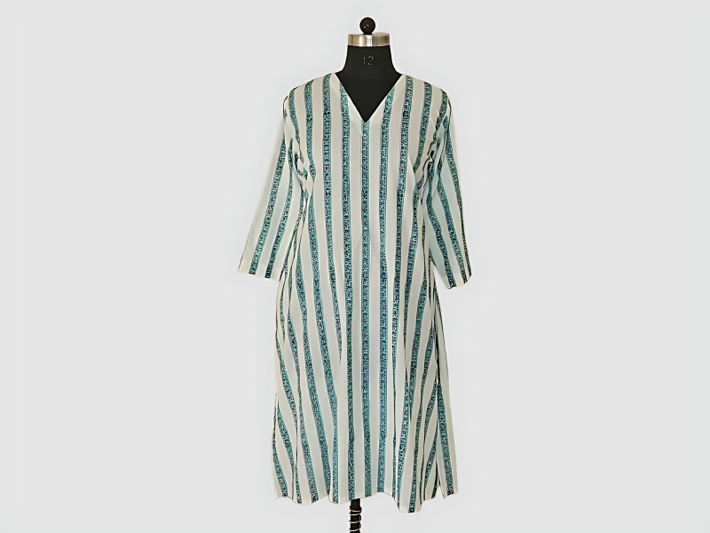 White Cotton Kurta With Green Vertical Bands And Purple Floral Motifs