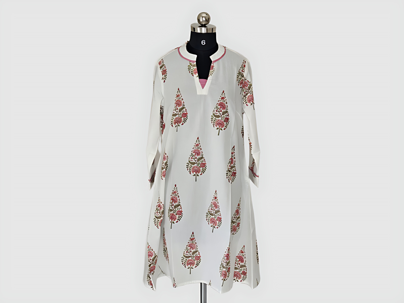 White Cotton Kurta With Pink And Green Leaf Prints