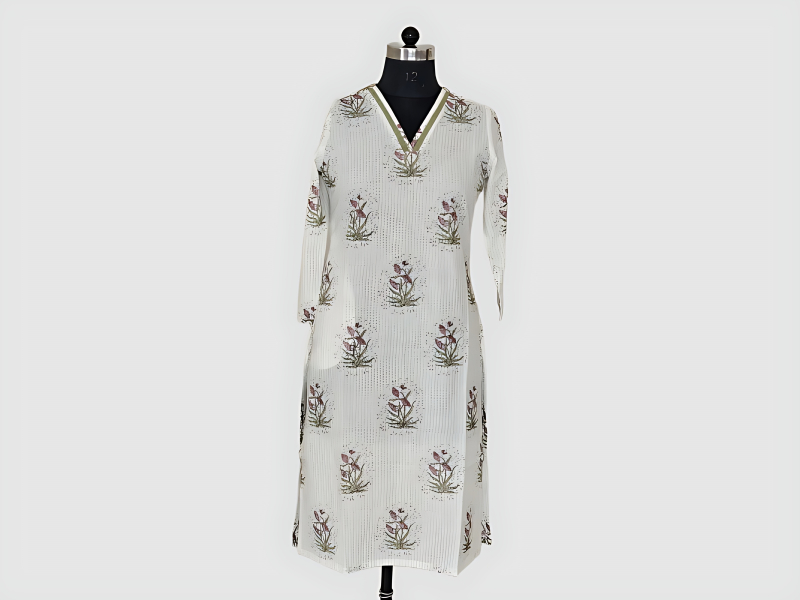 White Cotton Kurta With Purple And Green Floral Print