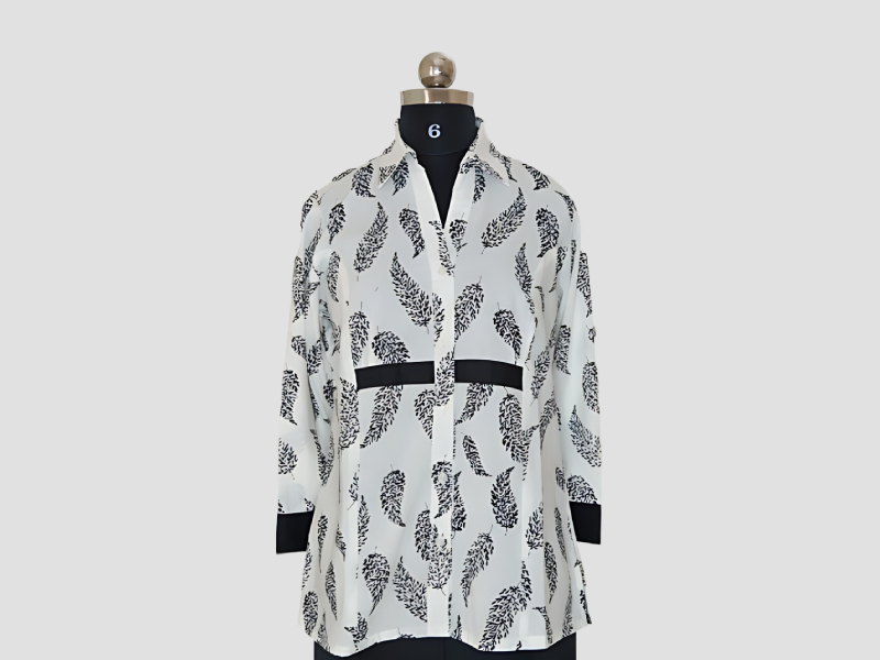 White Shirt With Black Leaf Print And Plain Black Belt - MuRa@23