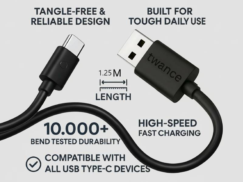 1.25 Meter Pvc Type C To Usb Fast Charging And Data Transfer Cable