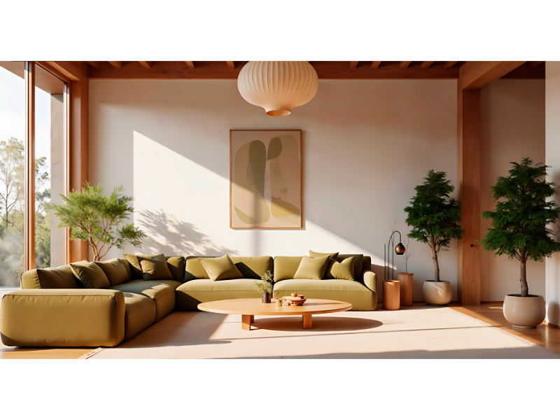 Modern Minimal Living Room Interior Setup With Fabric Sofa For Residential Living Space Use