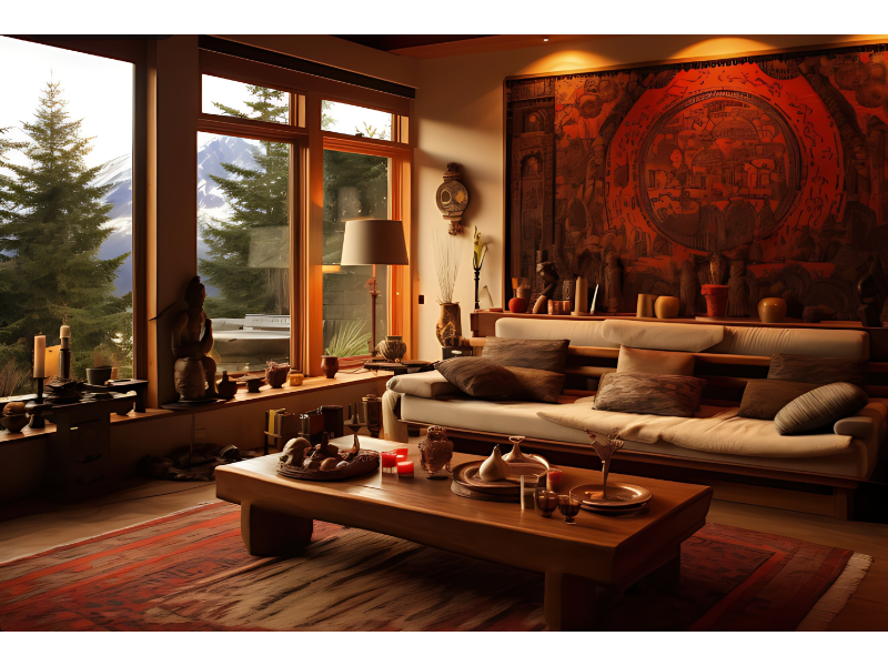 Warm Tone Lounge Interior Setup With Wooden Finish Elements For Cozy Residential Use