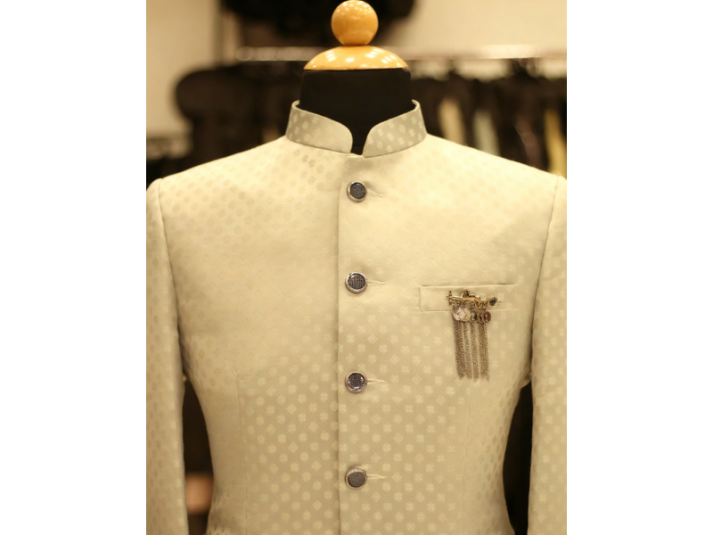 Light grey jacquard Jodhpuri suit for men formal wear