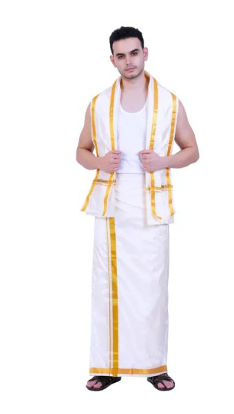 Art Silk Jari Border White Colour Double Dhoti with Towel