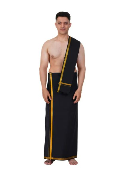 Jari Border Black Colour Dhoti With Matching Jari Border Towel