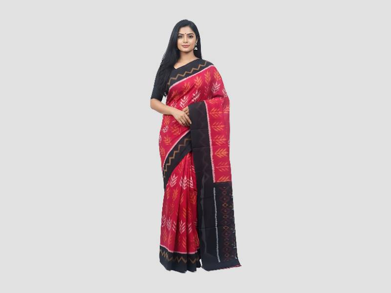 Premium 2/120 mercerized cotton saree featuring elegant tie and dye patterns in a striking red and black combination 
