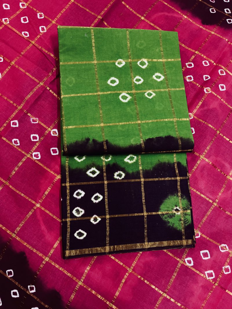 Classic Tie & Dye Cotton Saree with Jari Checks