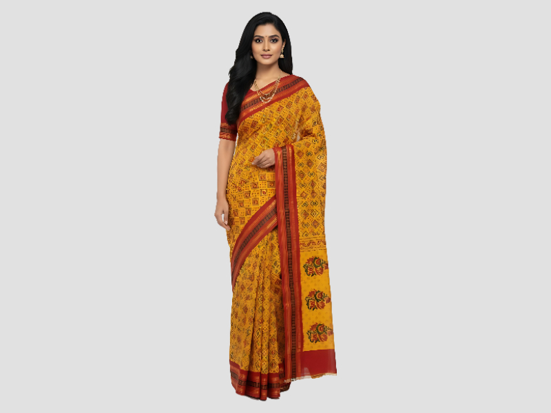 Yellow Cotton Saree with Ethnic Print And Red Border For Casual And Office Wear