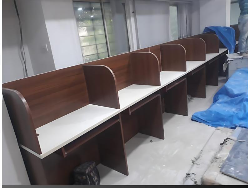 Dual Workstation Desk With Fabric Divider Panels And Metal Frame For Office Use