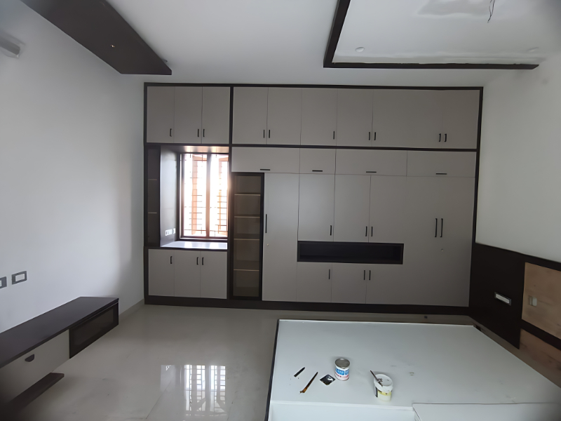 Full Wall Modular Wardrobe With Integrated Study Niche And Overhead Cabinets