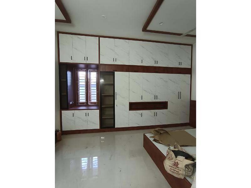 Large Wall To Wall Modular Wardrobe With Marble Finish Panels And Display Niche
