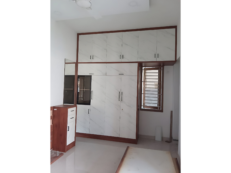 Marble Finish Modular Wardrobe With Overhead Cabinets And Dressing Unit