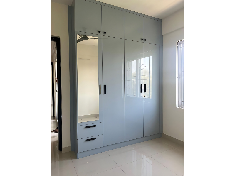 Premium Glossy Wardrobe With Mirror Panel And Dual Drawer Storage