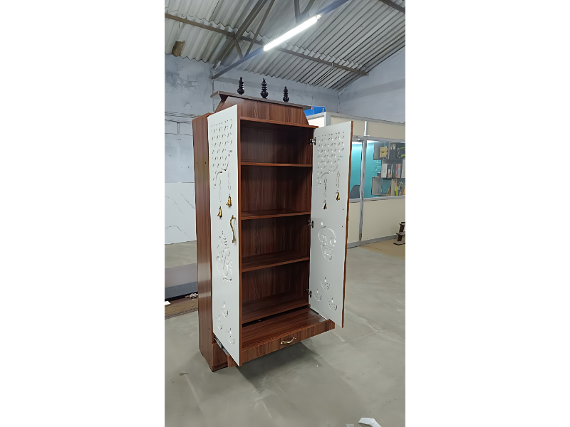 Traditional Pooja Cabinet With CNC Cut Design And Storage Base
