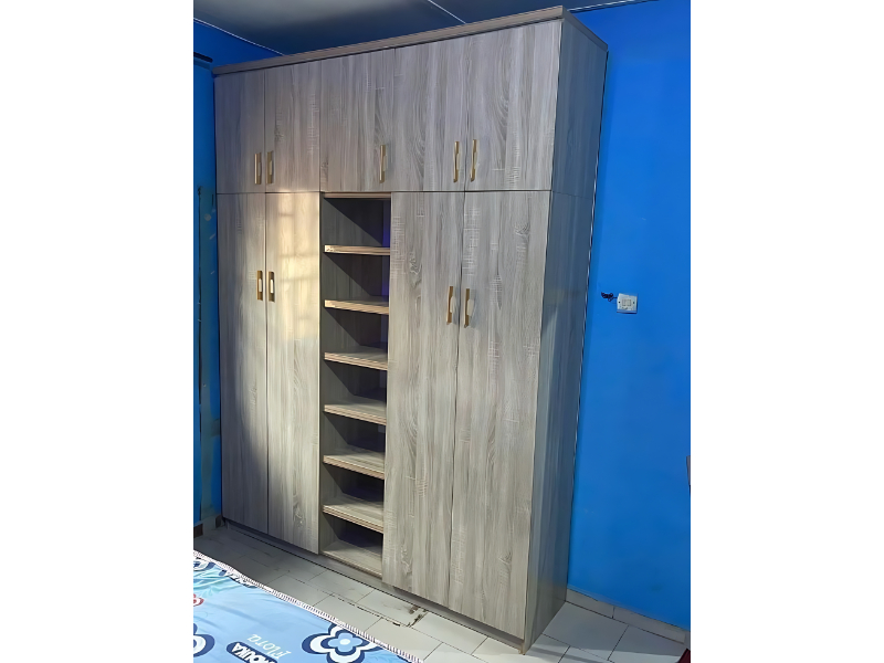 Wooden Texture Modular Wardrobe With Open Shelf Storage And Multi Compartment Design